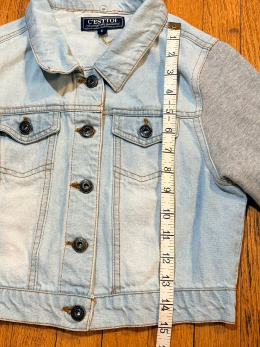 C’ESTTOI Cropped Denim Jacket Knit Sleeve Y2K Streetwear Small - Picture 6 of 11